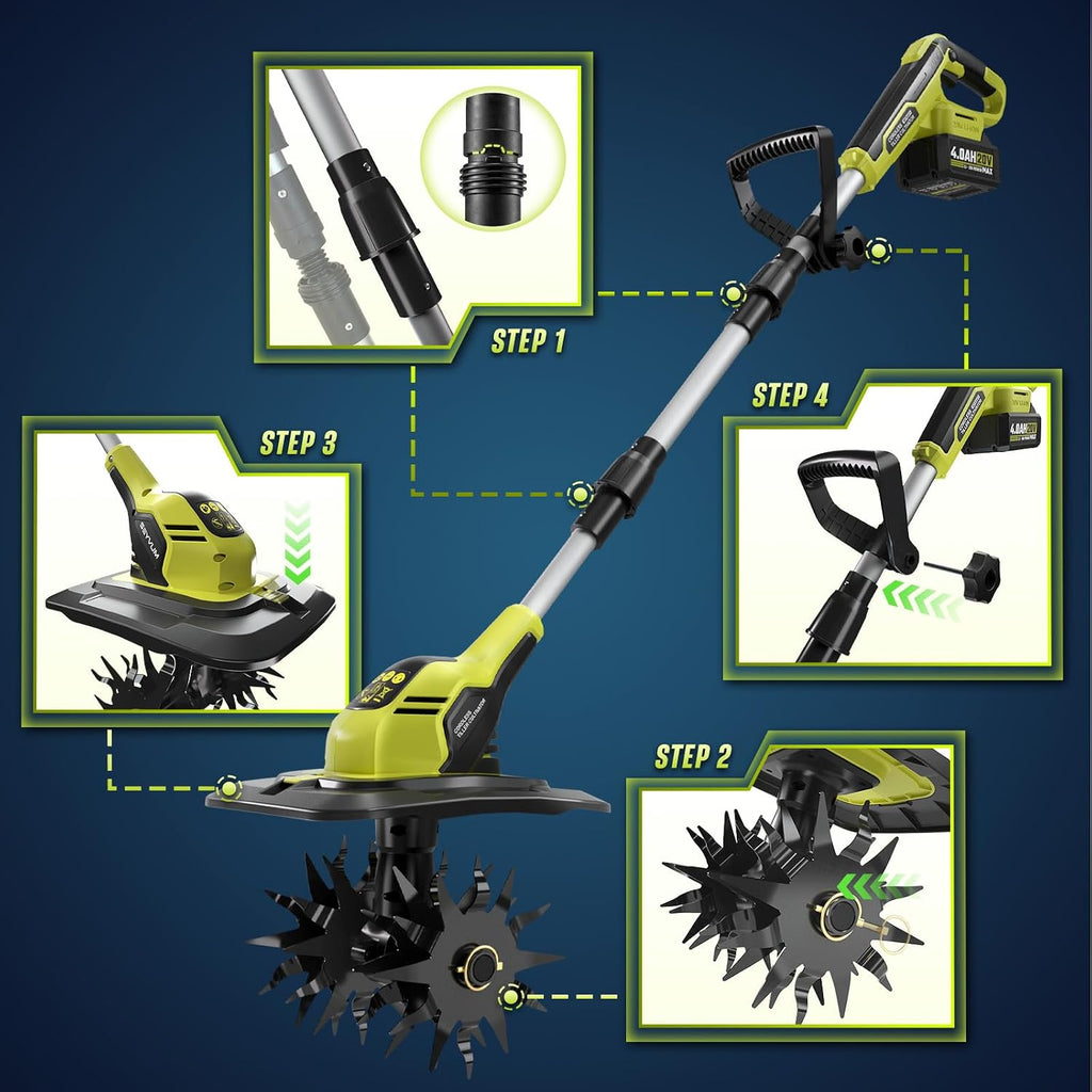 SEYVUM Cordless Tiller for Gardening, 20V 2 X 4.0Ah Battery Powered Cultivator, 9-in Tilling Width and 7-in Depth Electric Rototiller, 360 RPM Garden Tiller for Soil Cultivation