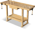 100% Solid Rubber Wood Work Bench, 60' Heavy Duty Workbench with Drawer & Adjustable Handle, 350Lbs Load Capacity Woodworking Bench for Garage, Workshop, Home Storage