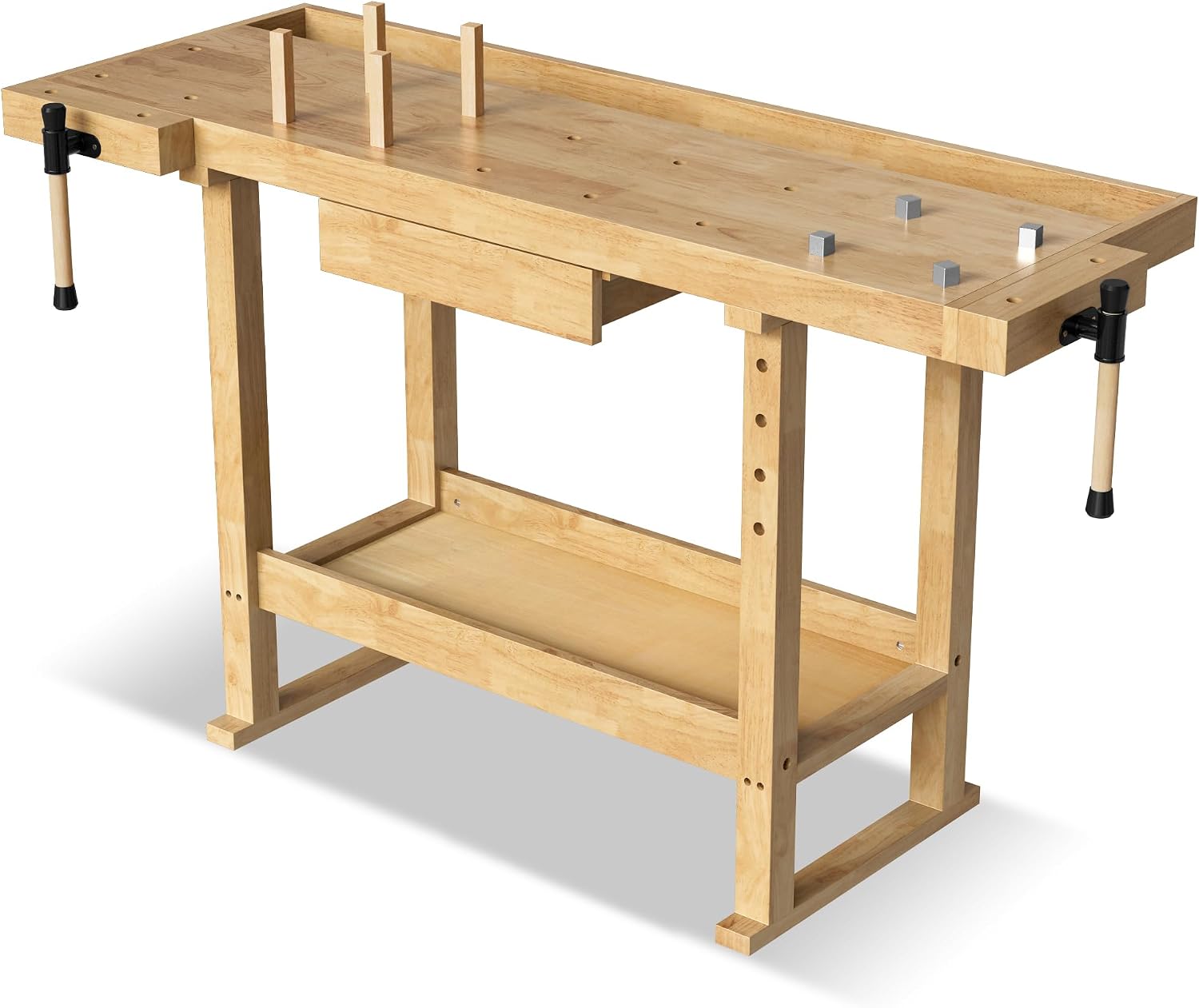 100% Solid Rubber Wood Work Bench, 60' Heavy Duty Workbench with Drawer & Adjustable Handle, 350Lbs Load Capacity Woodworking Bench for Garage, Workshop, Home Storage
