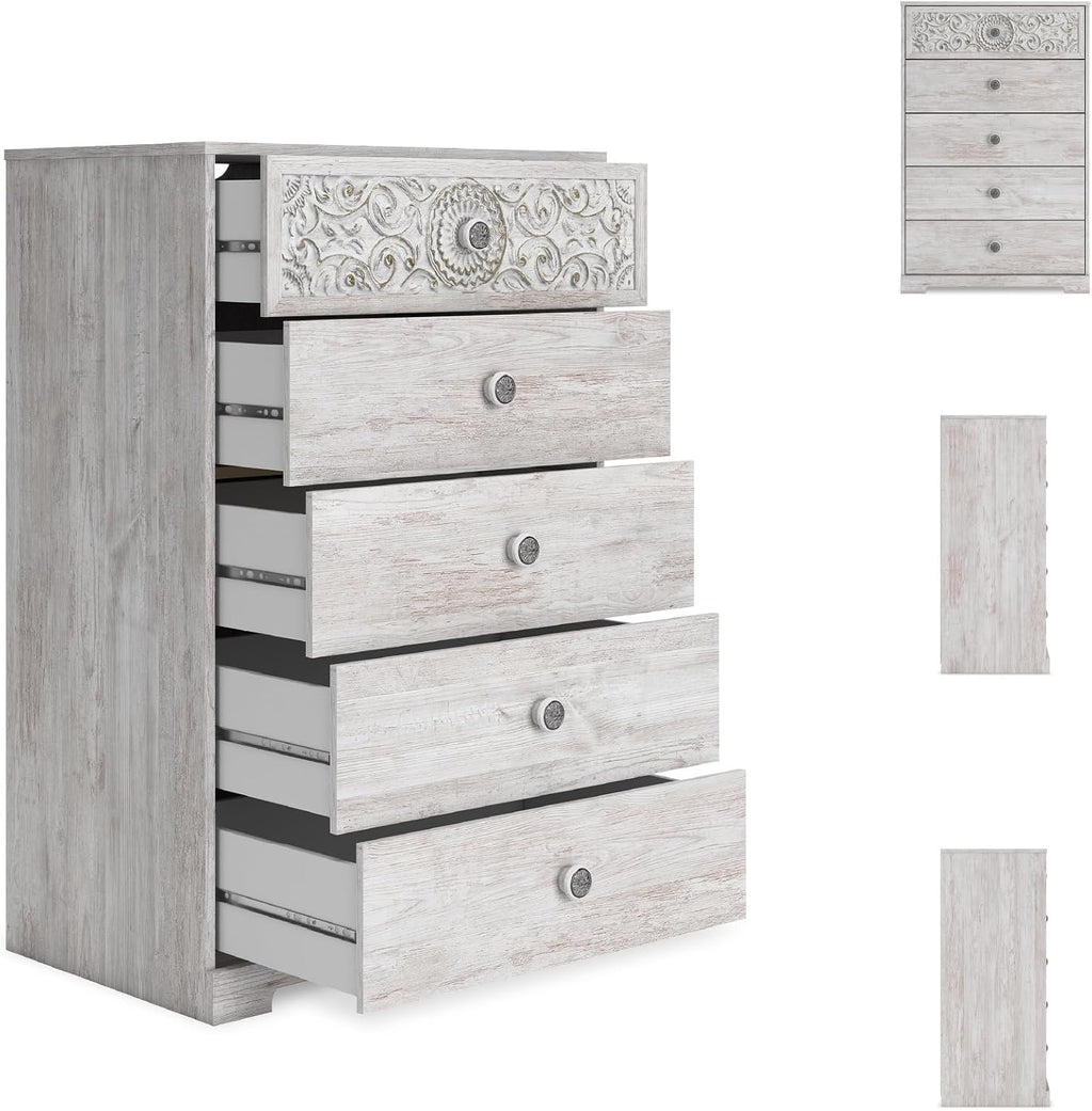 Signature Design by Ashley Paxberry Boho 5 Drawer Chest of Drawers, Whitewash