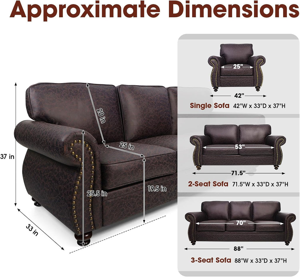 Couchus Living Room Furniture Sets,Sofa Sets and Couch Sets for Living Room,Mid-Century Vintage Sofa Couches with Rivet Design (Brown, 2 Single+3 Seater)