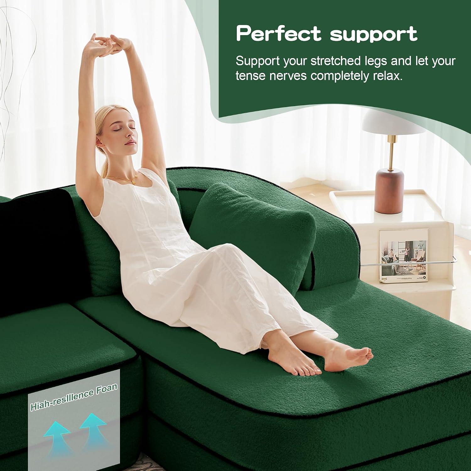 KEIKI Modular Boneless Sectional Teddy Sofa Couch with Chaise for Living Room, Oversized 77.2' Loveseat Chaise Lounge Indoor for Small Spaces, Modern Comfy Apartment Size Couch for Bedroom, Green