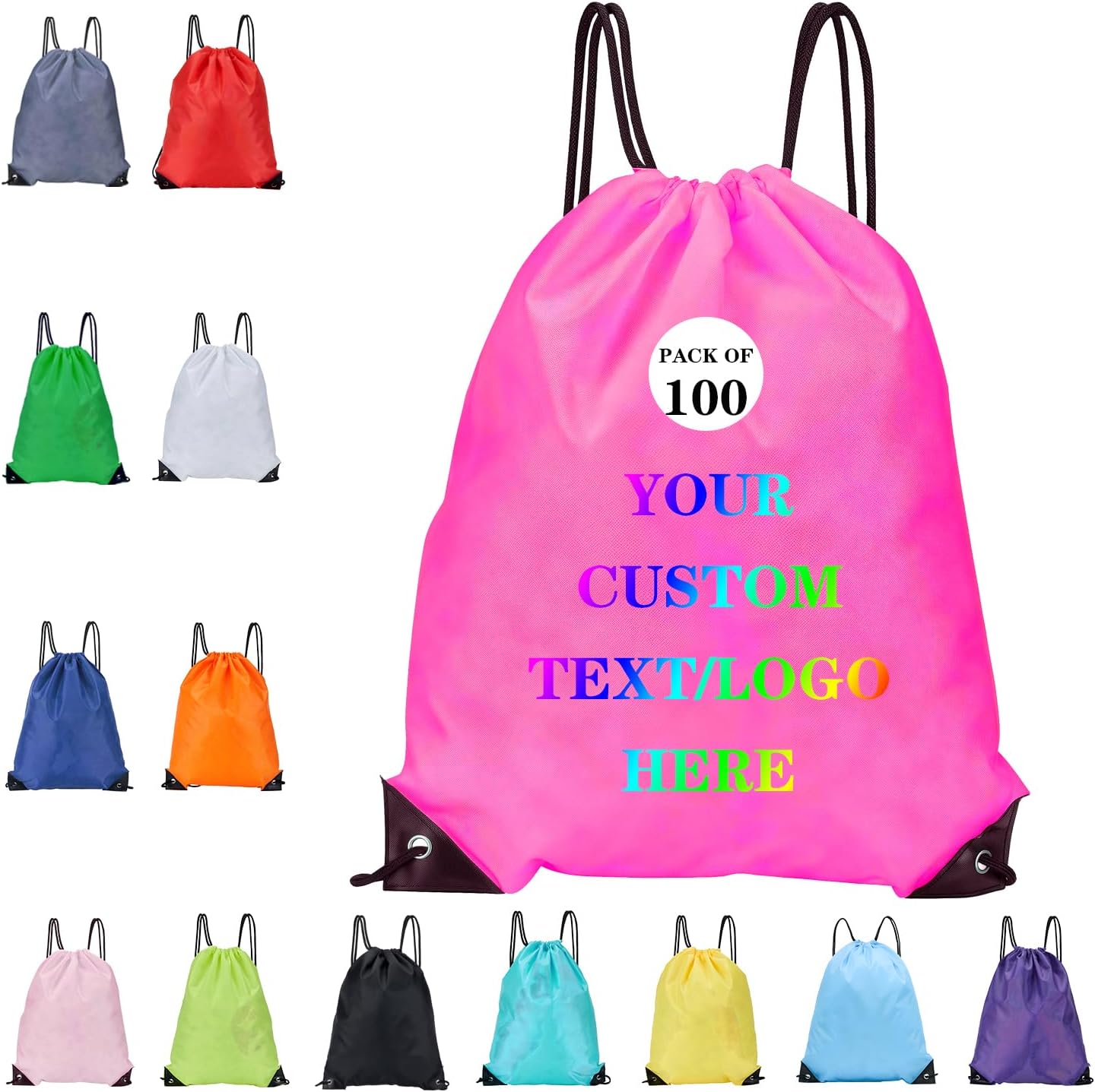 Custom Bags With Your Logo Set of 100 Custom Backpack Draw String Bags Pack Bulk for Travelling Swimming Gym Everyday Use (Peach)