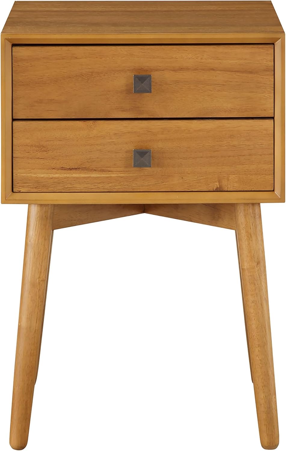 24/7 Shop at Home Goerge Mid-Century Modern Nightstand, Solid Rubber Wood Dresser, Small Bedside Tables with 2 Drawers, with Tapered Legs for Bedroom, Living Room, Home Office, Light Oak Brown
