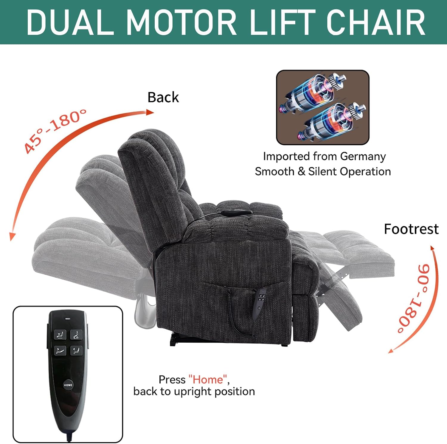 Power Lift Recliner Chair for Elderly, Oversized Chenille Electric Recliners Chairs for Living Room, Dual Motor 180° Lay Flat Recliner Big Sofa with Massage and Heating, Heavy-Duty, Grey