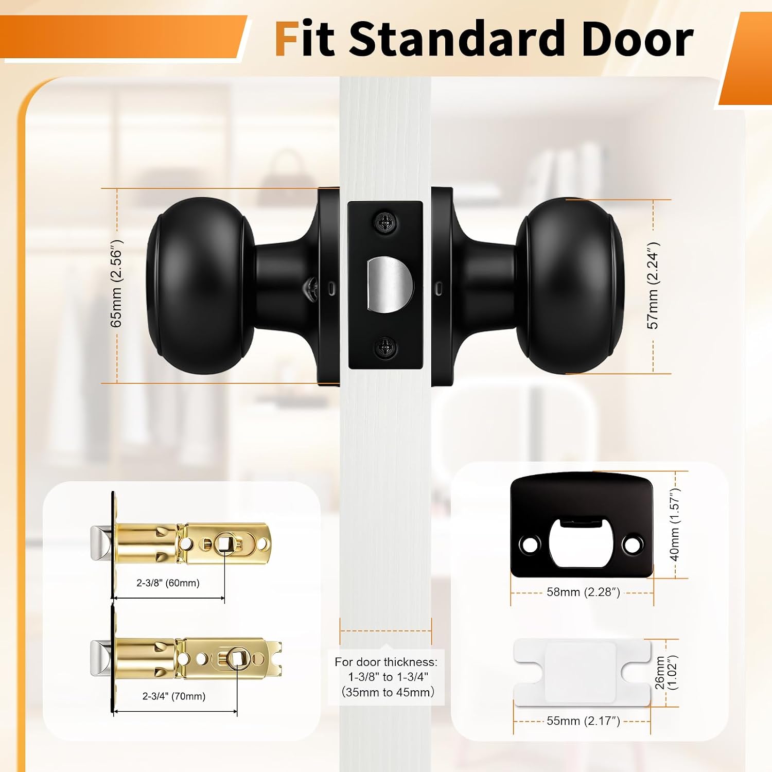 Probrico Interior Closet Door Knob, Black Door Knobs for Interior Doors, Hallway Passage Door Knob with Round Ball Knob, 12 Pack