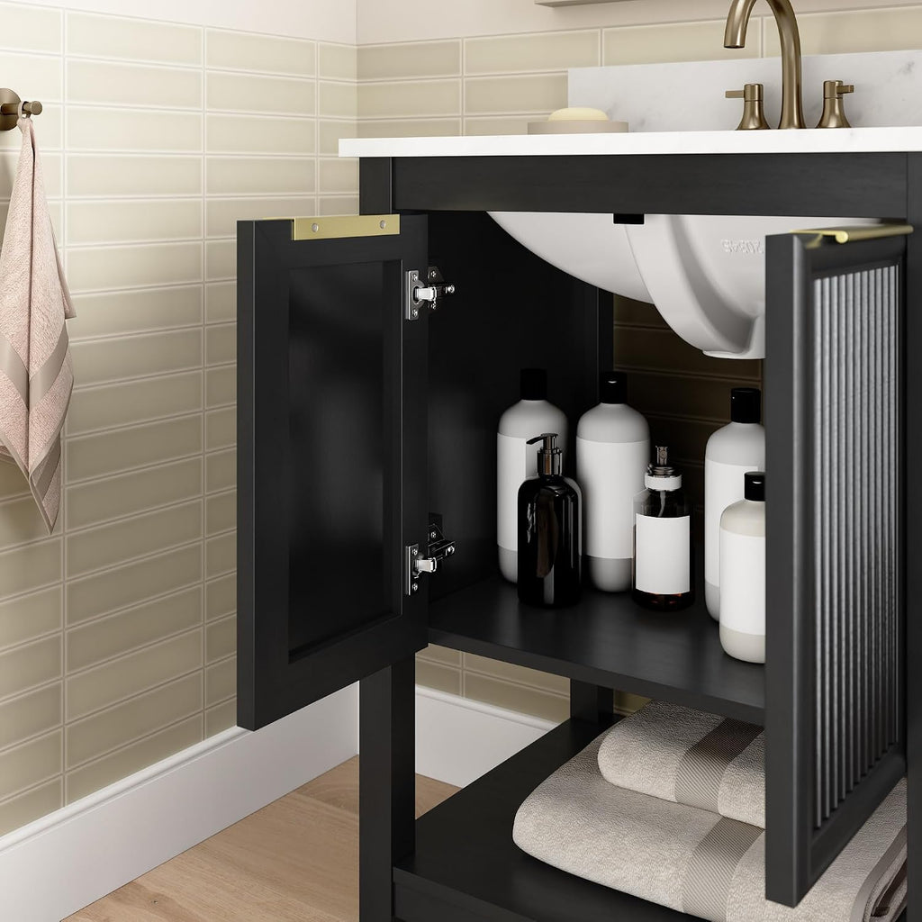 Bush Home 24-Inch Bathroom Vanity with Sink, Fluted Bathroom Cabinet with Faux Marble Basin and Backsplash, Freestanding Bathroom Storage Vanity, Faucet Not Included, Camille Collection, Onyx Birch