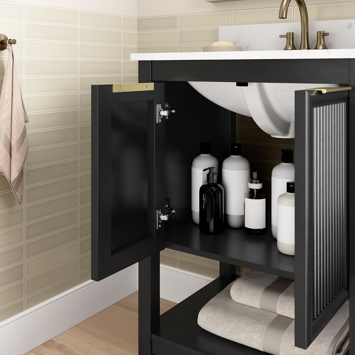 Bush Home 24-Inch Bathroom Vanity with Sink, Fluted Bathroom Cabinet with Faux Marble Basin and Backsplash, Freestanding Bathroom Storage Vanity, Faucet Not Included, Camille Collection, Onyx Birch