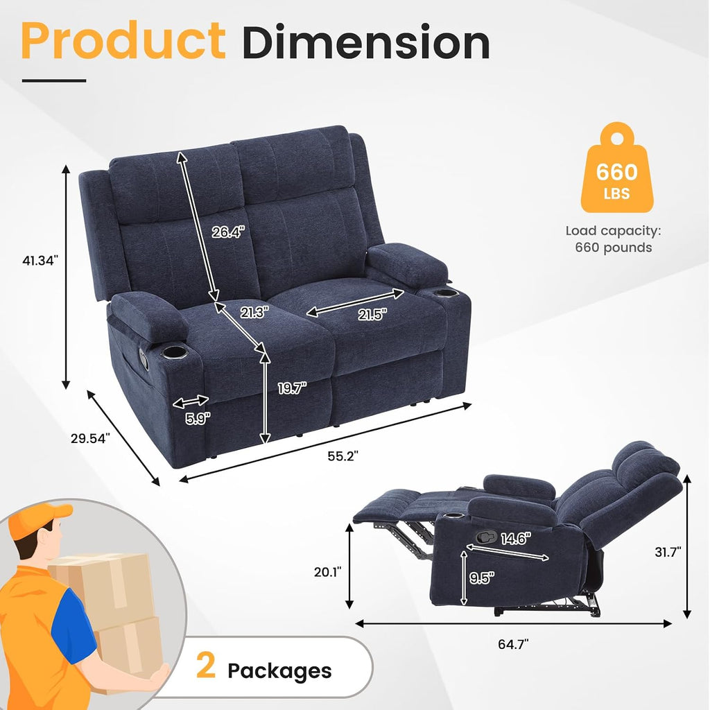 Loveseat Recliner, Double Recliner Loveseat with Adjustable Footrest & Cup Holder, Wall Hugger Recliner for Living Room & Home Theater & RV(Blue)