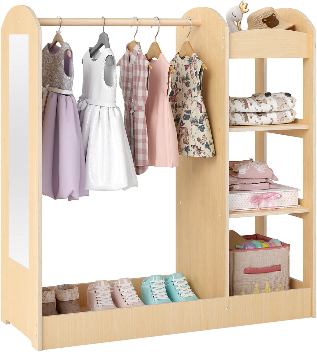Costzon Kids Dress up Storage with Mirror, Clothes Rack, 3-Tier Shelves, Bottom Tray, Pretend Play Costume Dresser Organizer Center, Open Hanging Armoire Closet for Little Girls (Natural)
