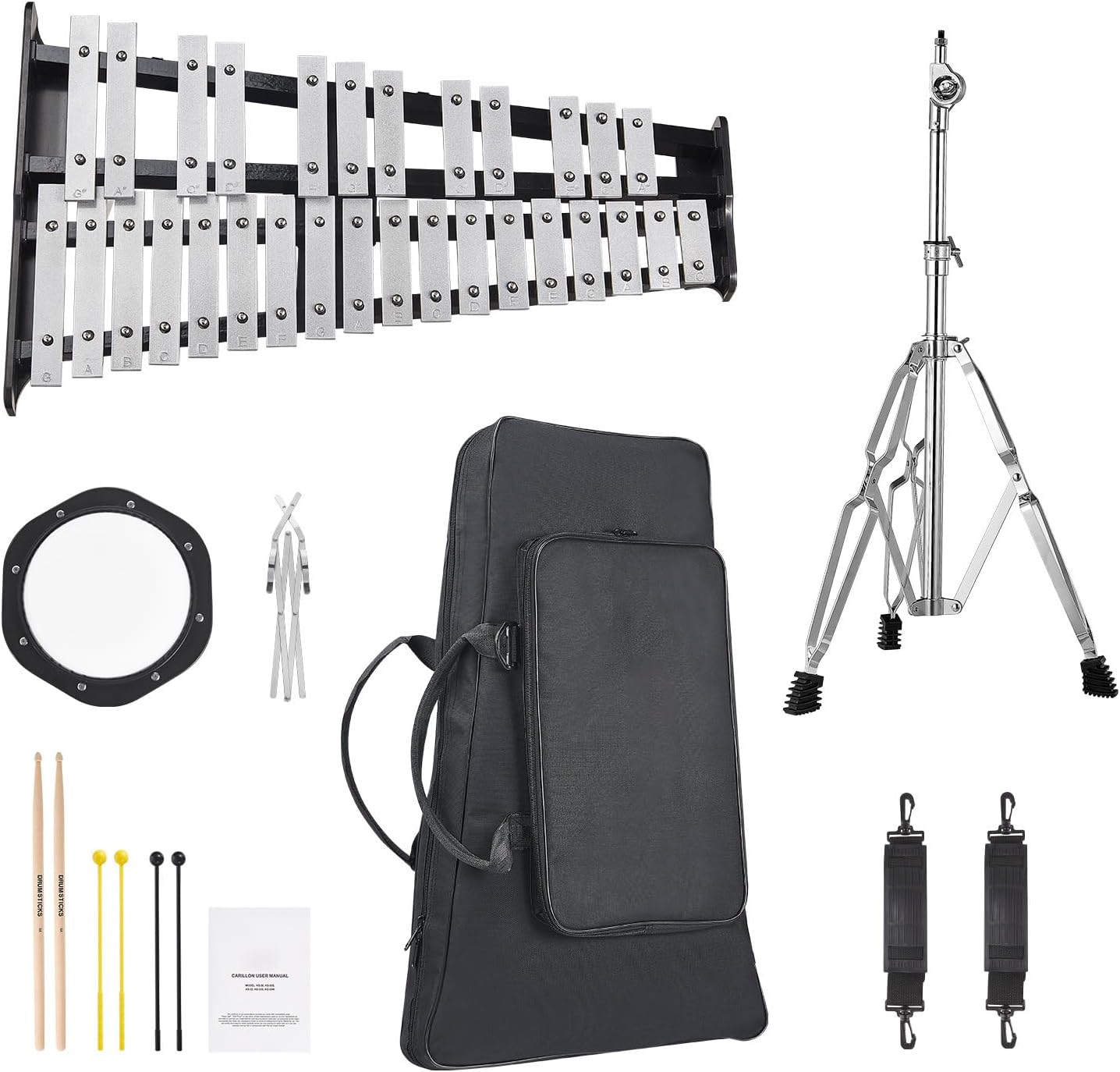 Happybuy 30-Note Glockenspiel Xylophone Bell Kit, Percussion Set with Mallets, Drum Sticks, Music Stand, 8' Practice Pad, Adjustable Stand, Carrying Bag, for Students & Adults
