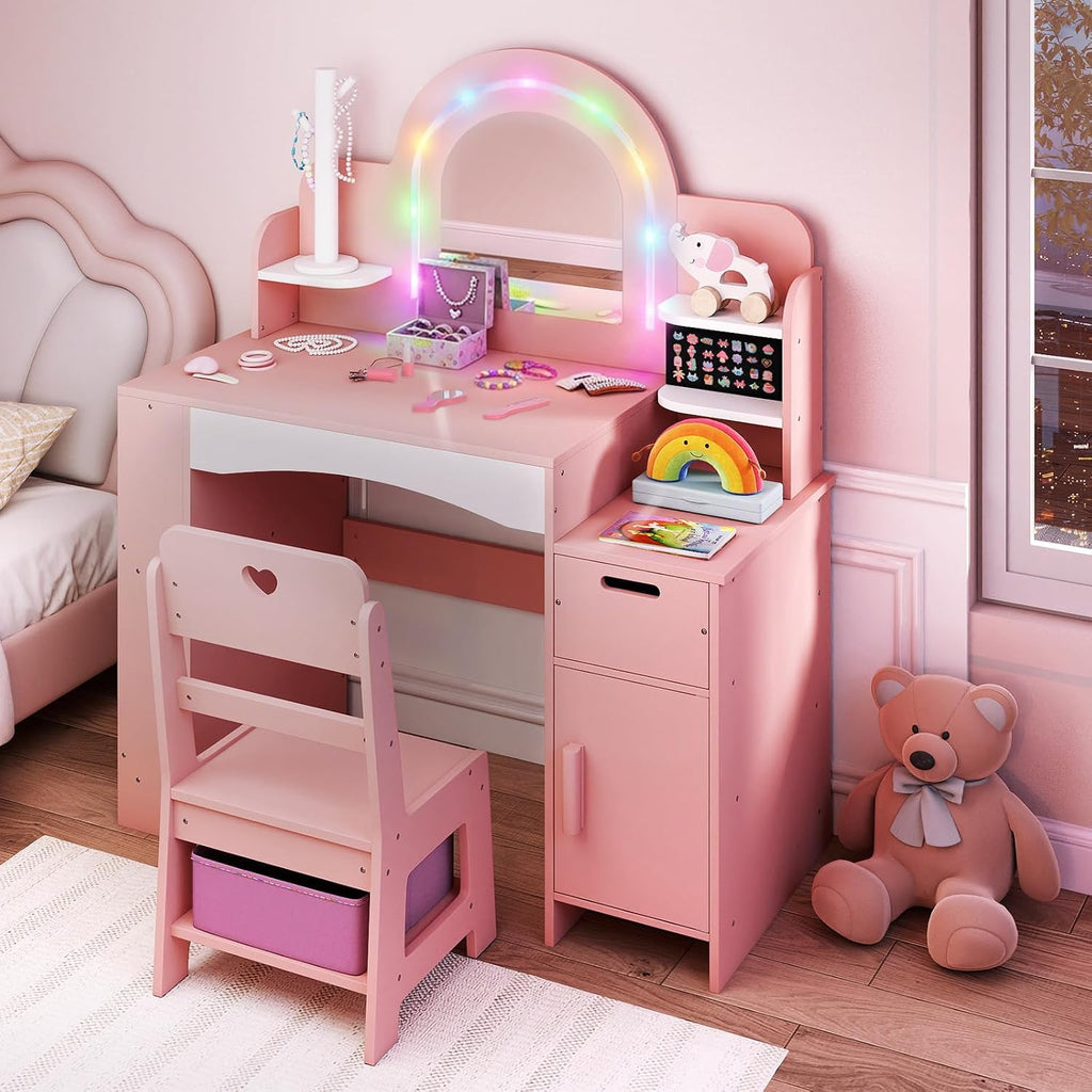 INFANS Kids Vanity with Lights, Princess Makeup Desk with Mirror, Jewelry Hanger, Fabric Drawers, Toddler Table and Chair Set Pretend Play for Girls