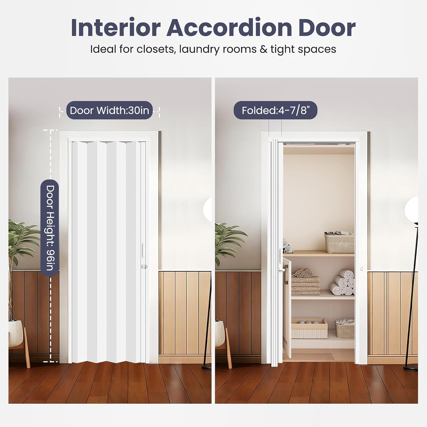 DIYHD 30X96 Accordion Door for Tall Openings, White PVC Folding Interior Door with Track Kit, Space-Saving Closet Door, No Floor Track, Dual-Sided Handle & Latch, Easy Install