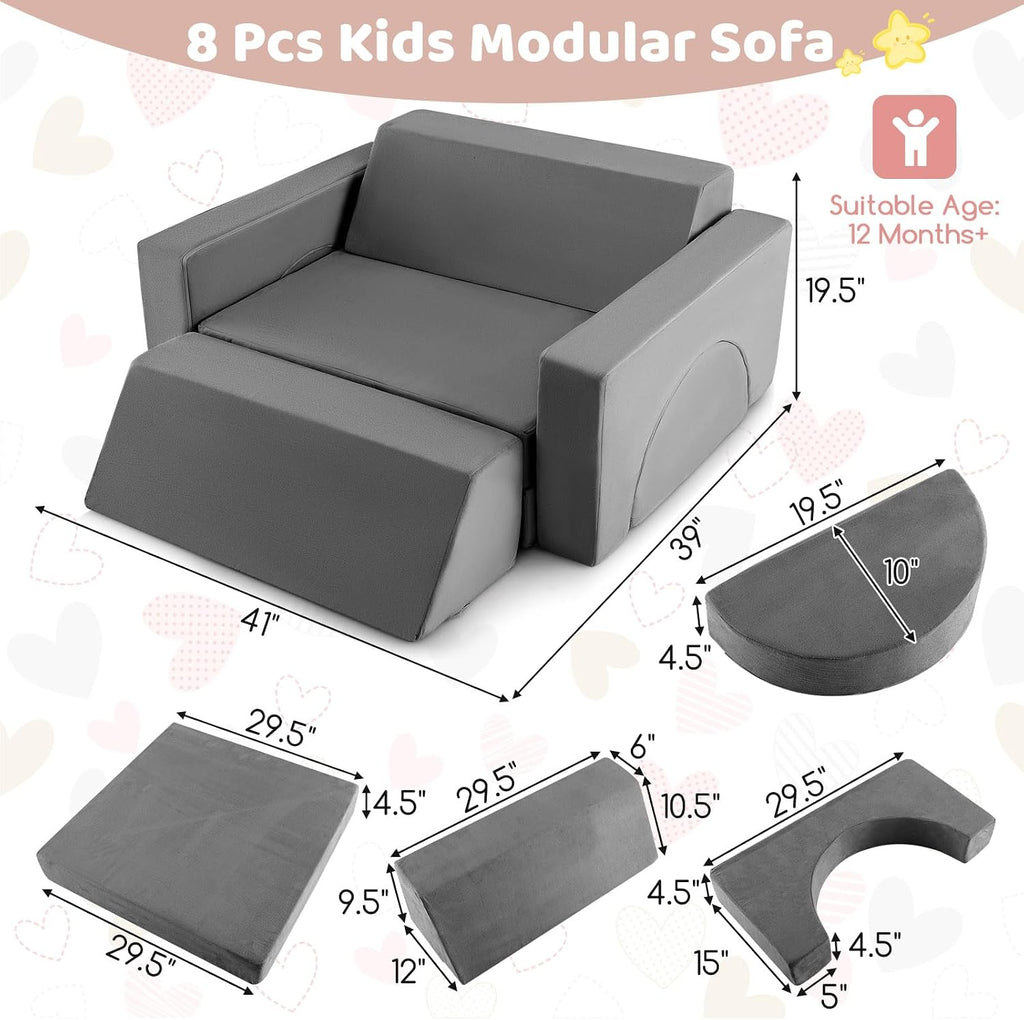 Costzon Convertible Toddler Couch, 8PCS Kids Modular Play Sofa w/Detachable Cover for Playroom, Creative Couch for Playing, Creating & Sleeping, Imaginative Furniture for Girls & Boys (Gray)