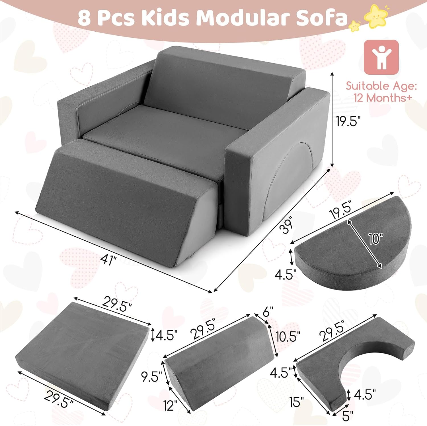 Costzon Convertible Toddler Couch, 8PCS Kids Modular Play Sofa w/Detachable Cover for Playroom, Creative Couch for Playing, Creating & Sleeping, Imaginative Furniture for Girls & Boys (Gray)