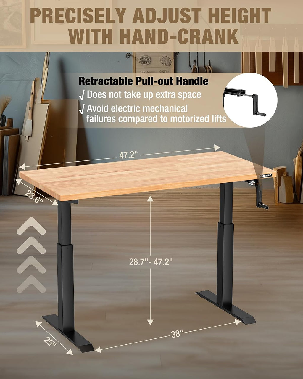 WORKPRO 47.2×23.6' Adjustable Workbench, Crank Stand Desk, 300LBS Capacity