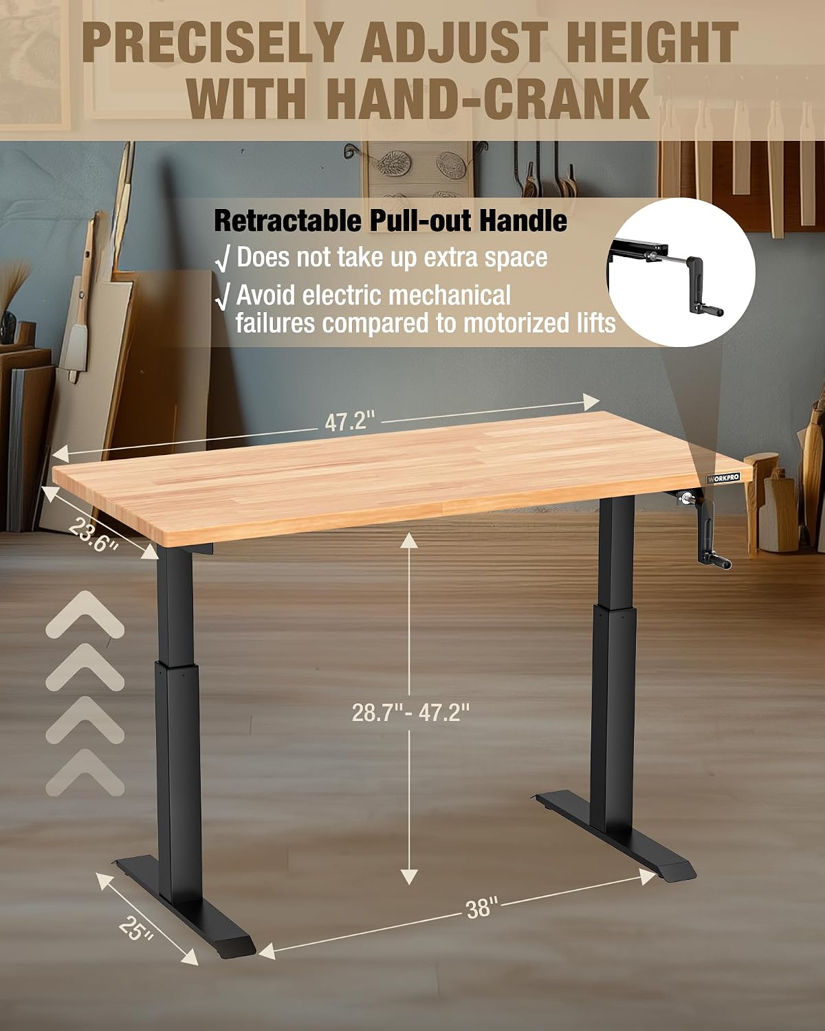 WORKPRO 47.2×23.6' Adjustable Workbench, Crank Stand Desk, 300LBS Capacity