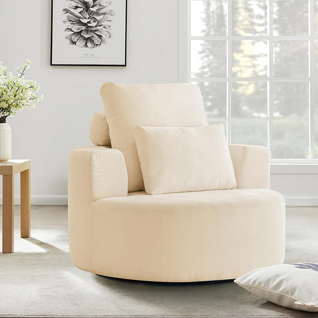 Furnimart 360° Swivel Oversized Barrel Chair, Chenille Upholstered Round Accent Chair with High Density Sponge, No Assembly Lazy Sofa for Living Room Bedroom Office, Beige