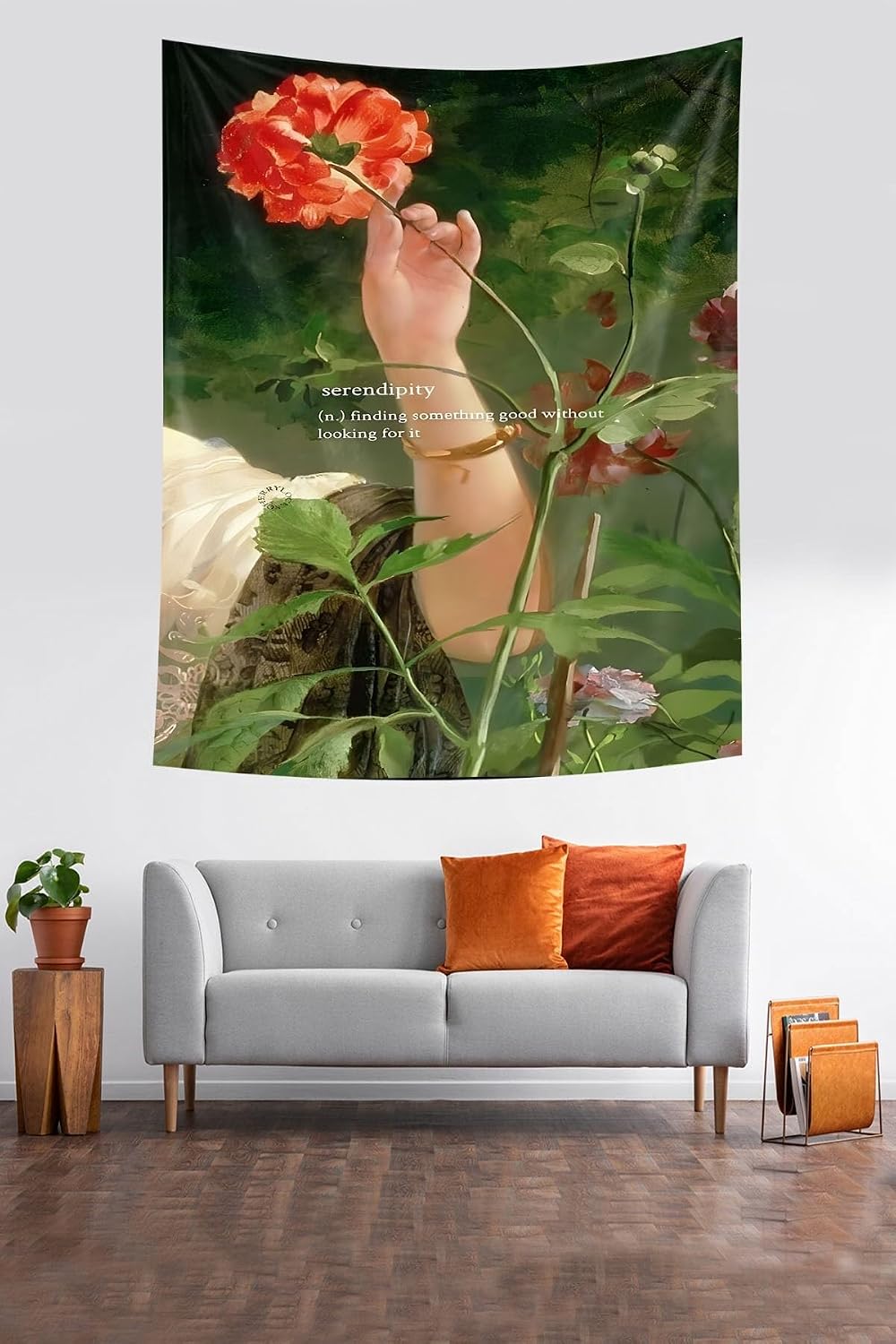 Tapestry Wall Hanging Flower Holding Hand Theme Stain Resistant Fabric Wall Art 70x70cm Modern Home Decor Dorm Room Aesthetic Green and Orange - Green-Orange, 55x55 inch