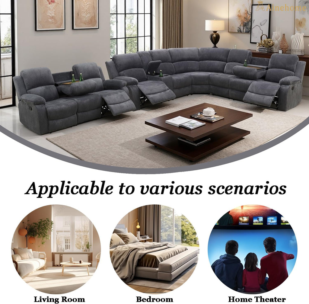A Ainehome Sectional Recliner Sofa Set with Storage, Living Room Furniture Set Corduroy Sofa Sets Manual Reclining Sectional Couches for Living Room with 4 Recliner Seats(Living Room Set, Dark Grey)