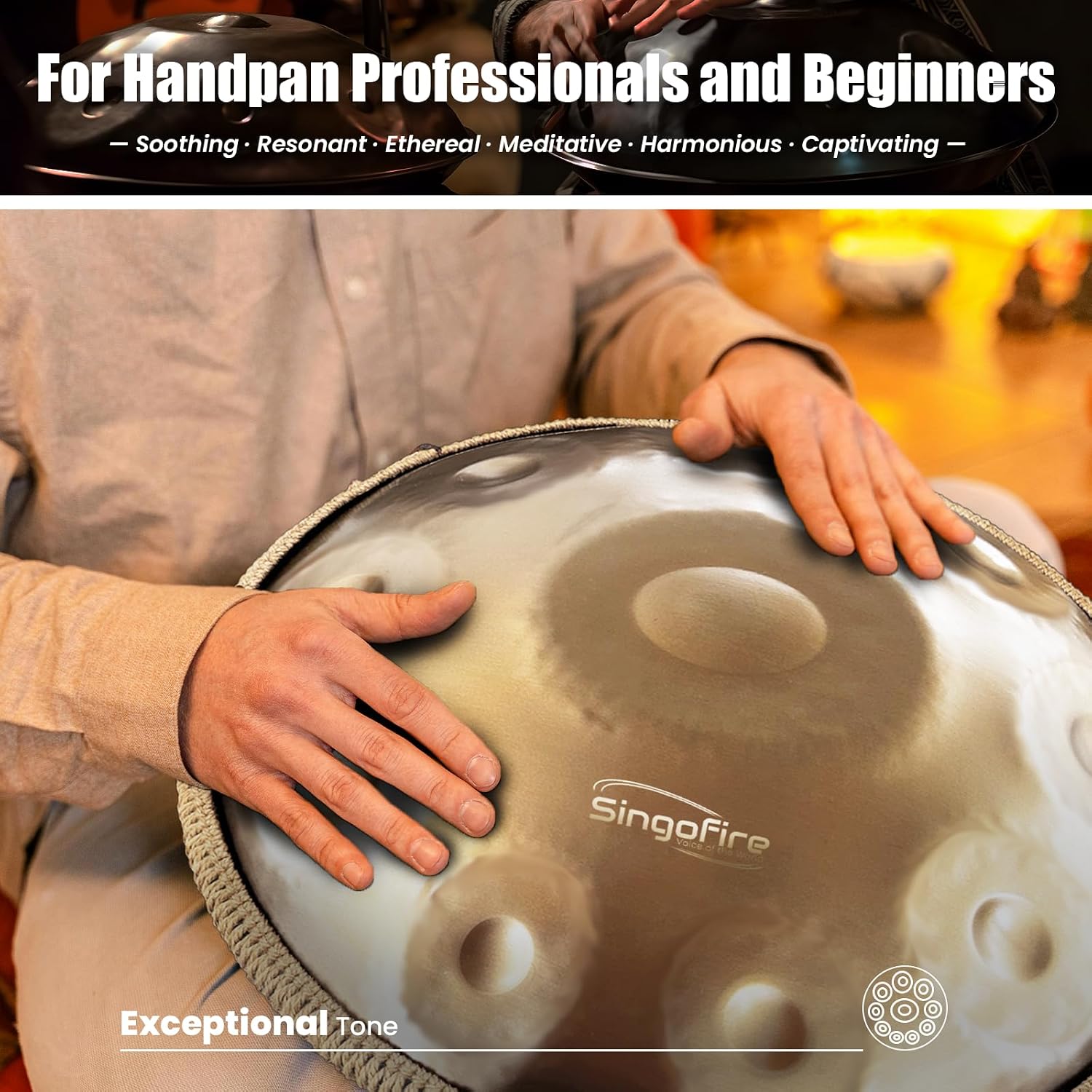 'SINGOFIRE' 12-Notes Handpan Drum, Handpan Drums for Adults, 22-Inch 440Hz D Minor Kurd, HandPan Instrument with Soft Handpan Bag, 2 Mallets, Handpan Stand and Dust-Free Cloth(Gold)