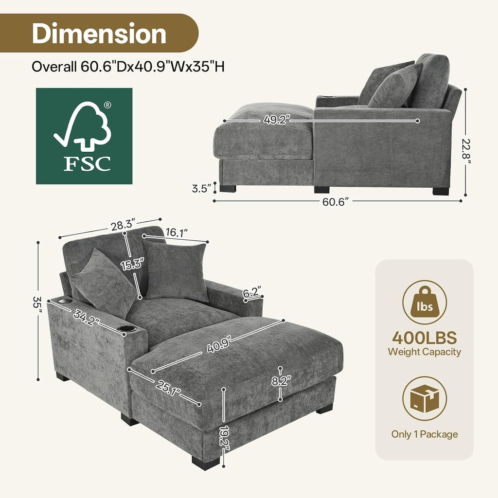 Oversized 60' Chaise Lounge Sofa, Chaise Lounge Recliner with Adjustable Backrest, Built-in Cup Holder USB and Type-C Port, 2 Pillows, Sleeper Couch with Deep Seat for Living Room, Bedroom, Gray