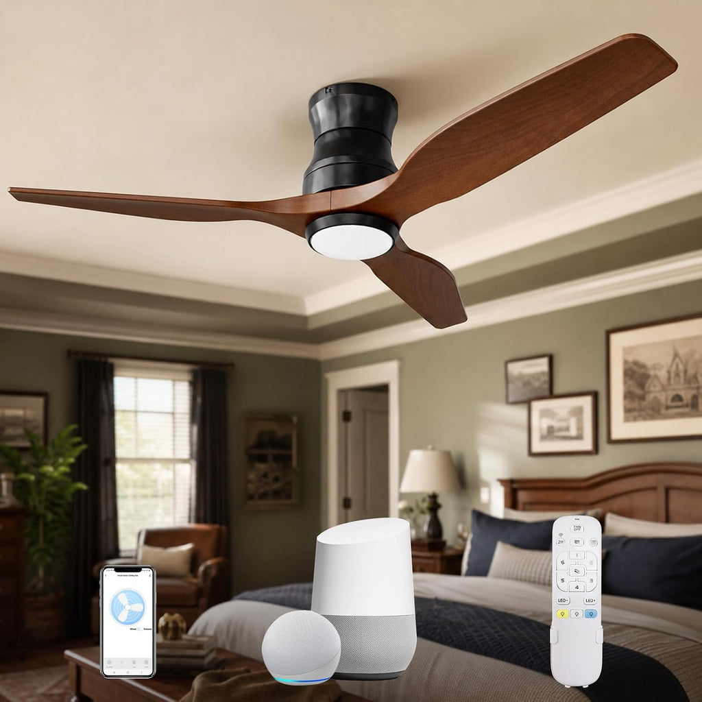 Smart 52' Wood Flush Mount Ceiling Fan with Remote Control, Walnut | Quiet DC Motor, WiFi Alexa Voice Control, High CFM Dimmable LED, Low Profile, Reversible, 6 Speeds Adjustment, Time Setting