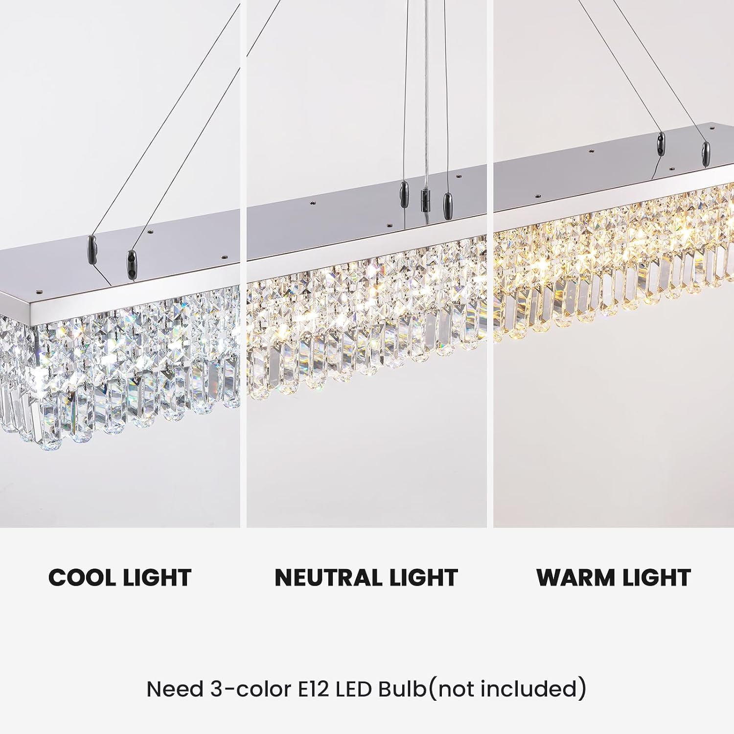 7PM Rectangle K9 Crystal Chandelier Modern Rectangular Pendant Light Fixture for Dining Room Kitchen Island Chrome L59'' x W10'' x H9''