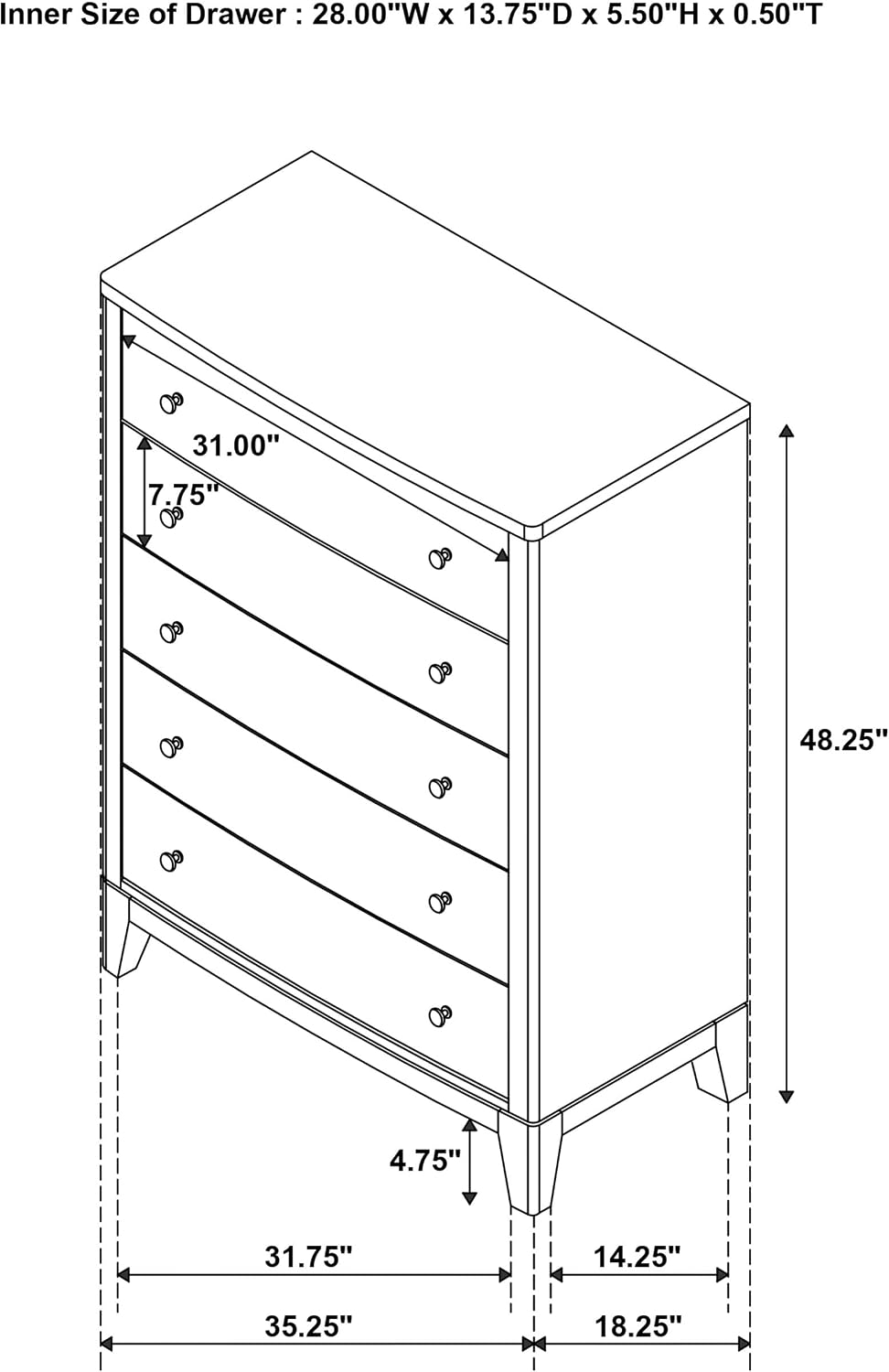 Coaster Home Furnishings - Granada - Wood - 5-Drawer Chest with Antique Nickel Hardware, Felt-Lined Top and Square Tapered Legs - Modern Classic - Bedroom - Natural Pine - 224925