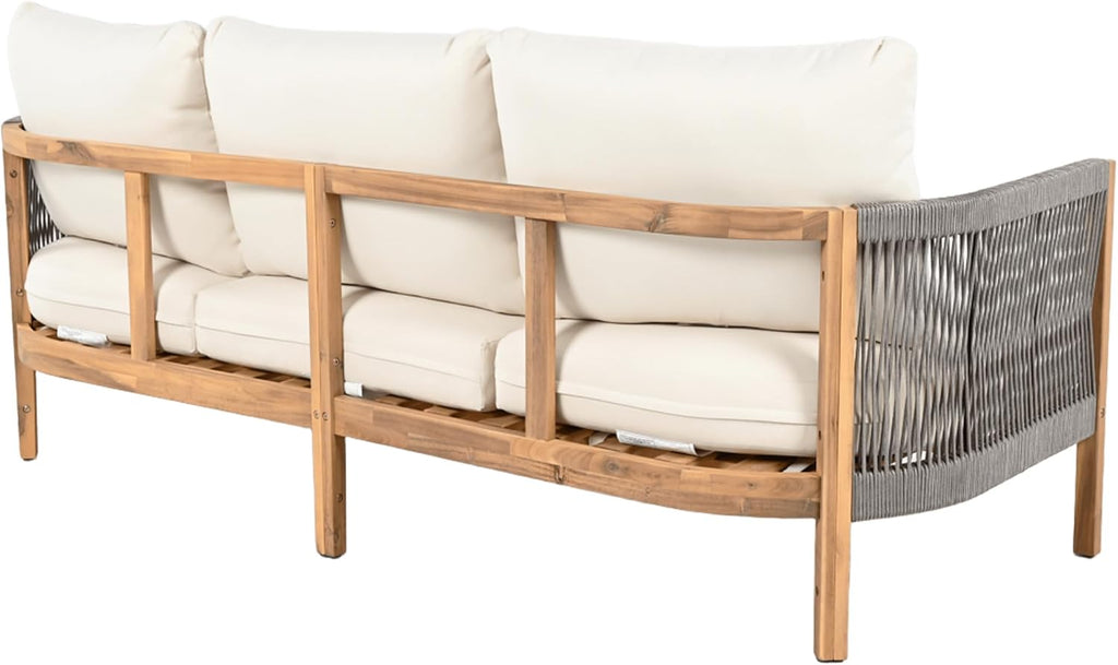 Christopher Knight Home Havets 77'W Outdoor 3 Seater Sofa, 6' Thick Cushion Couch, Acacia Wood Bench Sofa, Comfy Woven Rope Armchair, Spacious Seating Bench Couch for Backyard Garden Porch, Gray+Beige