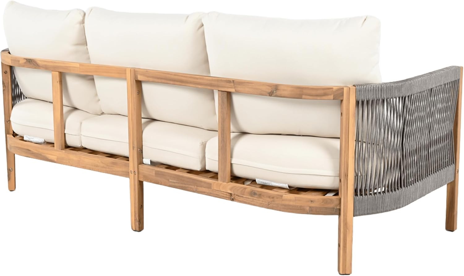 Christopher Knight Home Havets 77'W Outdoor 3 Seater Sofa, 6' Thick Cushion Couch, Acacia Wood Bench Sofa, Comfy Woven Rope Armchair, Spacious Seating Bench Couch for Backyard Garden Porch, Gray+Beige