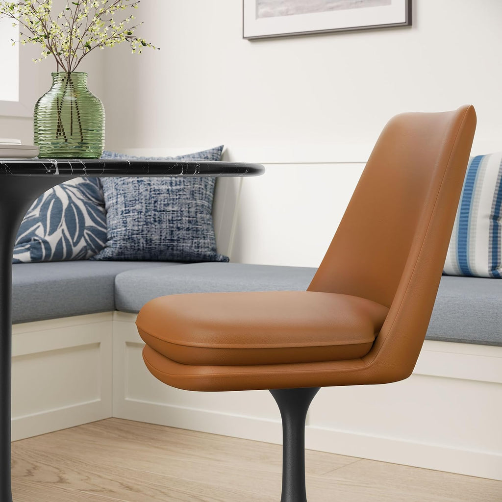 Modway Lippa Faux Leather Swivel Dining Side Chair in Black Tan - Armless Vegan Leather Accent Chair with Pedestal Base - 360° Rotating Office Chair with No Wheels