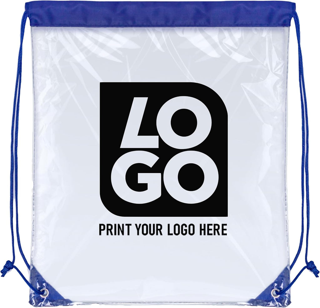 USMG Personalized Clear Drawstring Bags – Custom One Color Imprint for Business & Events (Clear/Royal Blue, QTY 500)