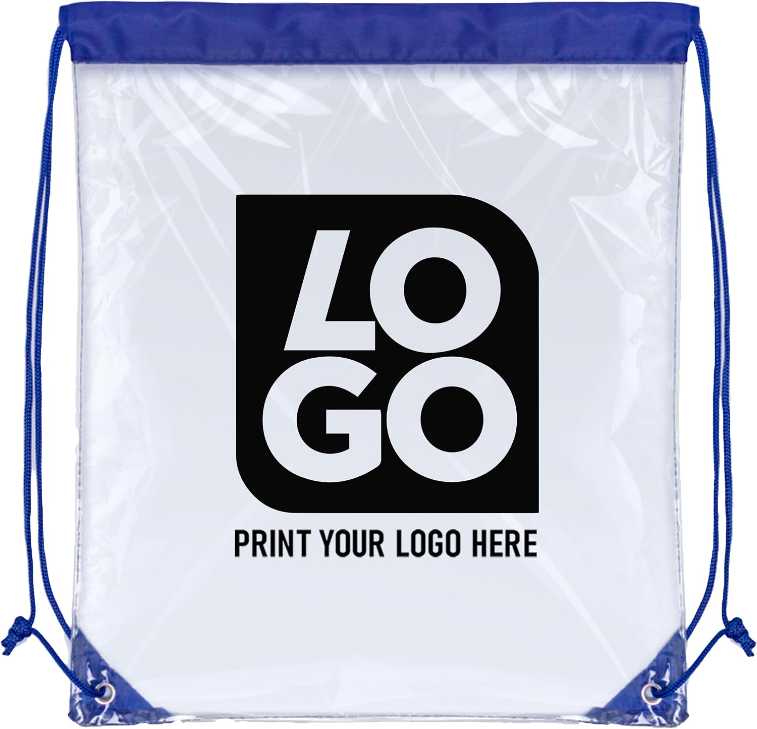 USMG Personalized Clear Drawstring Bags – Custom One Color Imprint for Business & Events (Clear/Royal Blue, QTY 50)