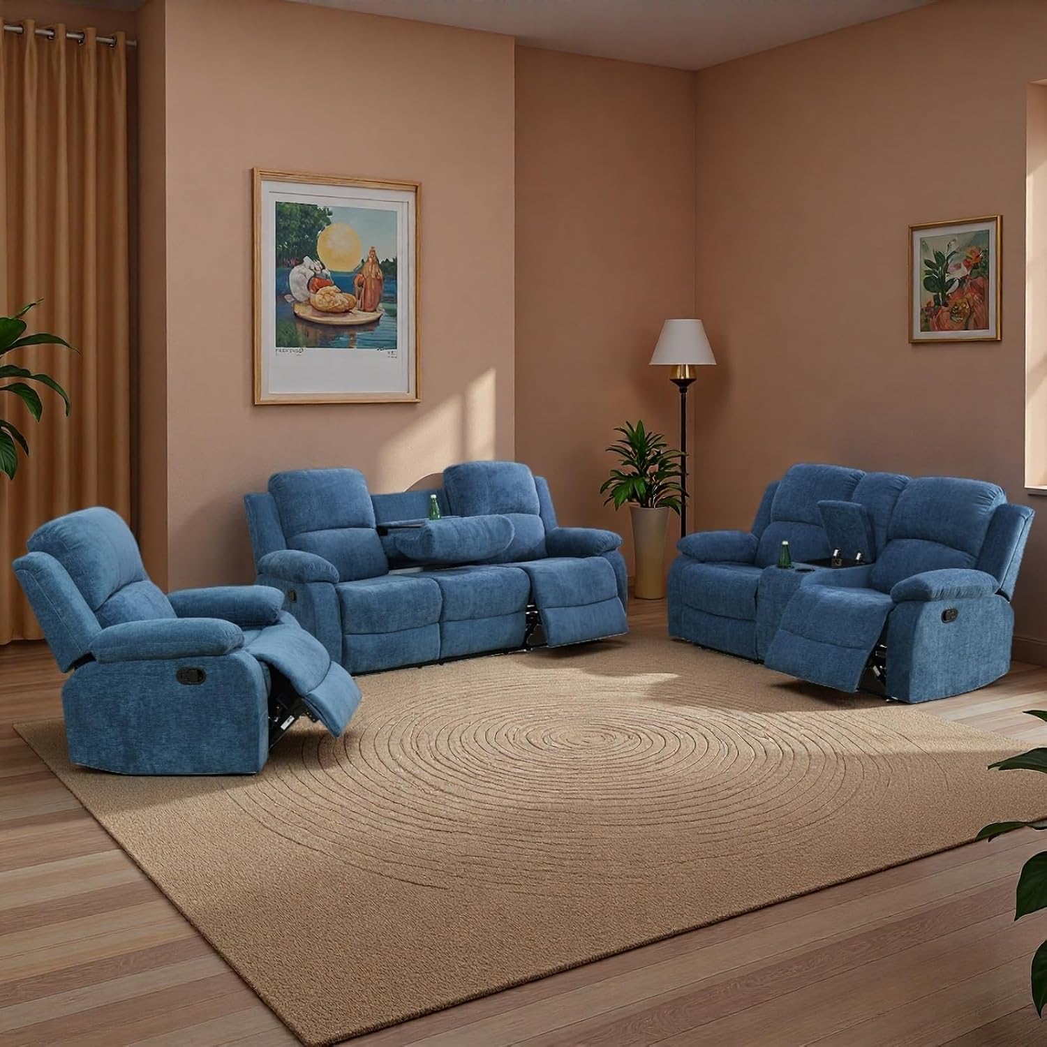 Recliner Sofa Set, Fluffy Fabric Living Room Couch with Adjustable Backrest, Loveseat with Storage Console & Cup Holders, Modern Sectional Sofa with Reversible Coffee Table for Home, Blue