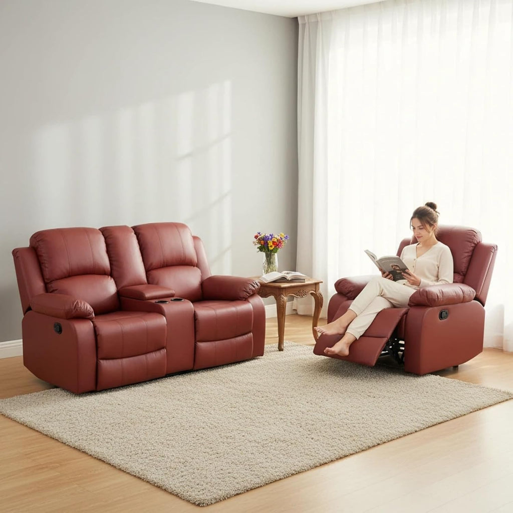 2-Piece Leather Manual Recliner Sofa Set, Adjustable Backrest Reclining Loveseat Sofa & Recliner Chair with Storage Console & Cup Holders for House, Home Theater, Red