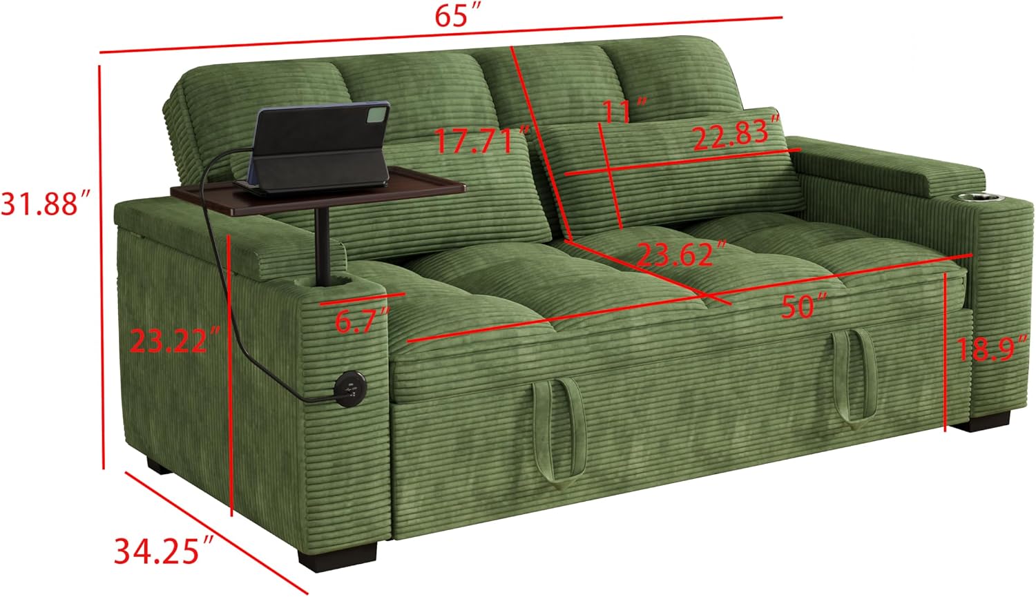 KEIKI 65' 3-in-1 Convertible Sofa Bed, Pull-Out Sleeper Couch with Adjustable Backrest, Corduroy Futon Loveseat with USB Charging Ports & Storage Arms for Guest Rooms, Studios & Small Space Living