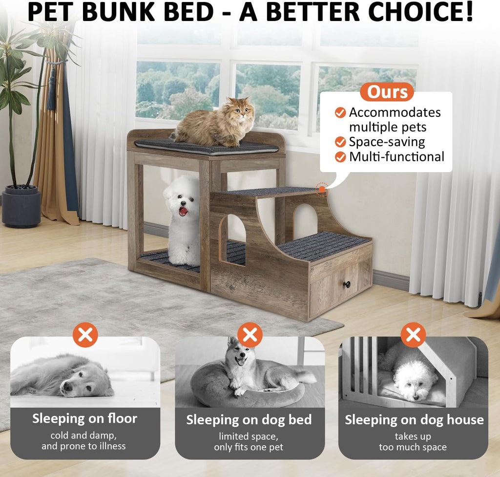 Pet Bunk Bed for Cats, Multi-Level Pet Window Perch Seat Platform with Removable Stairs and Mats for Cats and Dogs, Pet Bed Couch with Drawers for Bedside, Home, Indoor Use, Grey