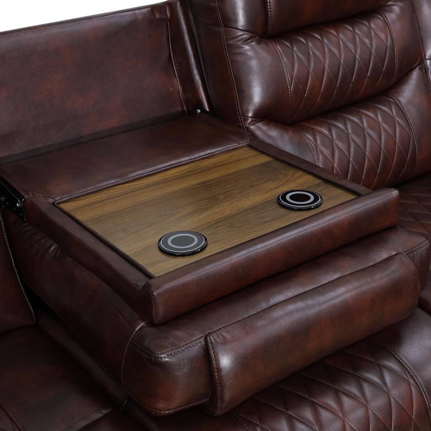 Reclining Sectional, Power Sectional Couch, Leather Sofa Set for Living Room, Comfy Home Theater Seating with USB 2.0 Charging Ports, LED Light Strips, Fold-Down Table & Cupholders (Brown, 3-Piece)