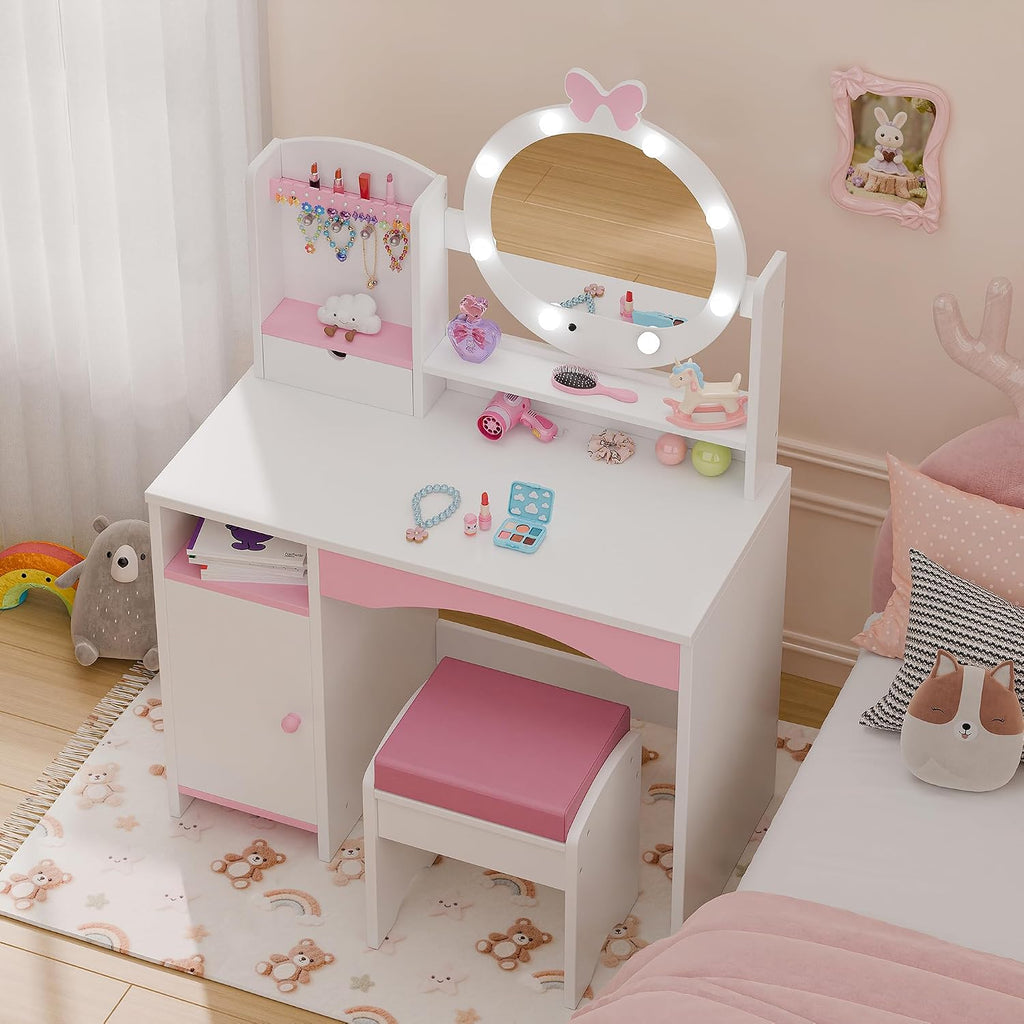 TOLEAD Kids Vanity, Girls Vanity Set with Mirror and Stool and Lights, Toddler Vanity Table and Chair Set with Jewelry Storage, Wooden Princess Makeup Desk Dressing Table for Girls (White)