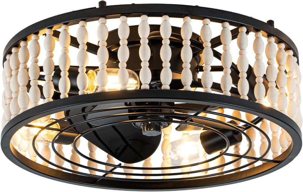 Bella Depot 19' Boho Ceiling Fan with Light, Flush Mount Wood Beaded Fandelier Chandelier Fan, 6 Speeds Reversible Bladeless for Bedroom Kids Room Kitchen, Black Wood