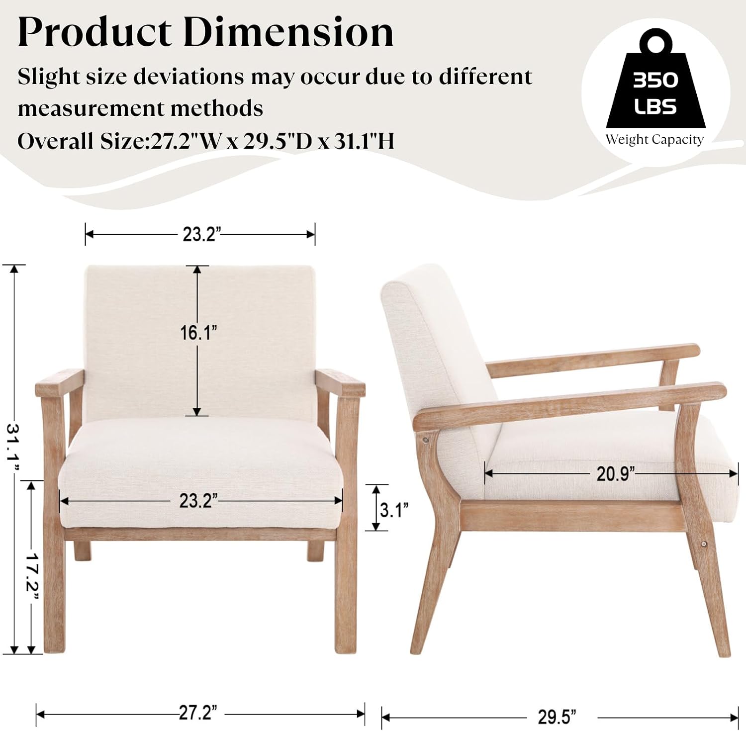 BESTANO Mid Century Modern Accent Chair Set of 2, Linen Upholstered Living Room Accent Armchair with Wood Frame, Farmhouse Chair for Living Room Bedroom, Ivory