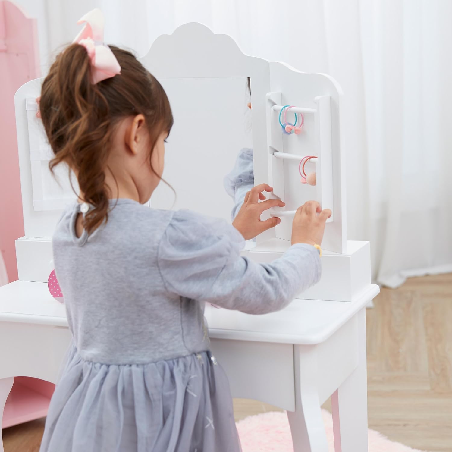 Teamson Kids White Wooden Vanity Table and Stool Set for Girls with Mirror Drawers Jewelry Storage Elegant Play Furniture for Bedroom or Playroom Ages 3+