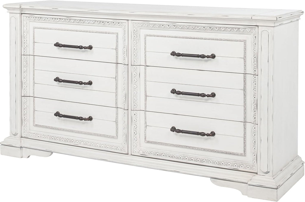 Coaster Home Furnishings - McKinney - Poplar Wood - 6-Drawer Dresser with Traditional Style, Jewelry Tray, Ornate Trim and Antique Bronze Hardware - Bedroom - Vintage White - 215873