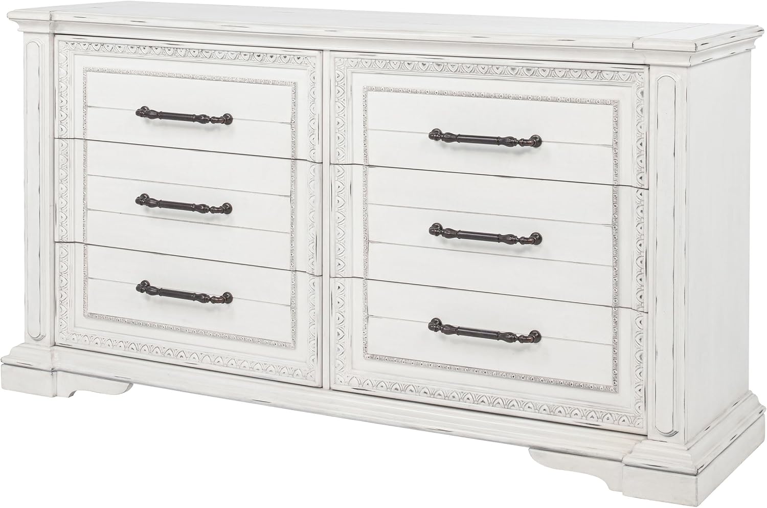 Coaster Home Furnishings - McKinney - Poplar Wood - 6-Drawer Dresser with Traditional Style, Jewelry Tray, Ornate Trim and Antique Bronze Hardware - Bedroom - Vintage White - 215873