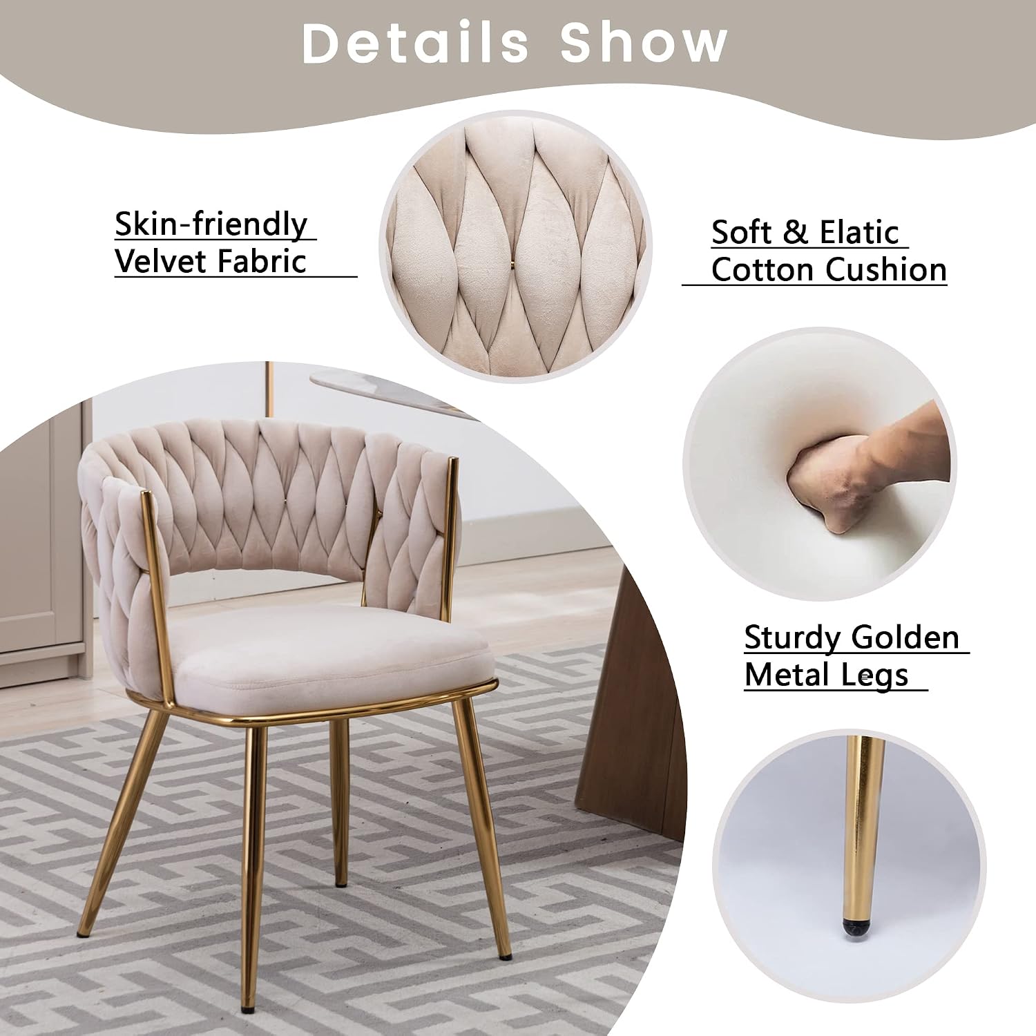 KCC Modern Velvet Dining Chairs Set of 4, Upholstered Living Room Chair with Woven Back and Golden Metal Legs, Mid-Century Accent Side Chair for Dining Room, Kitchen, Beige
