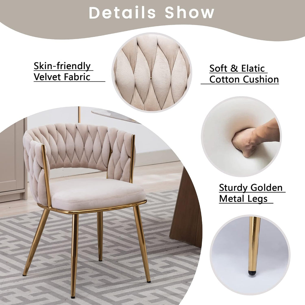 KCC Modern Velvet Dining Chairs Set of 6, Upholstered Living Room Chair with Woven Back and Golden Metal Legs, Mid-Century Accent Side Chair for Dining Room, Kitchen,Beige