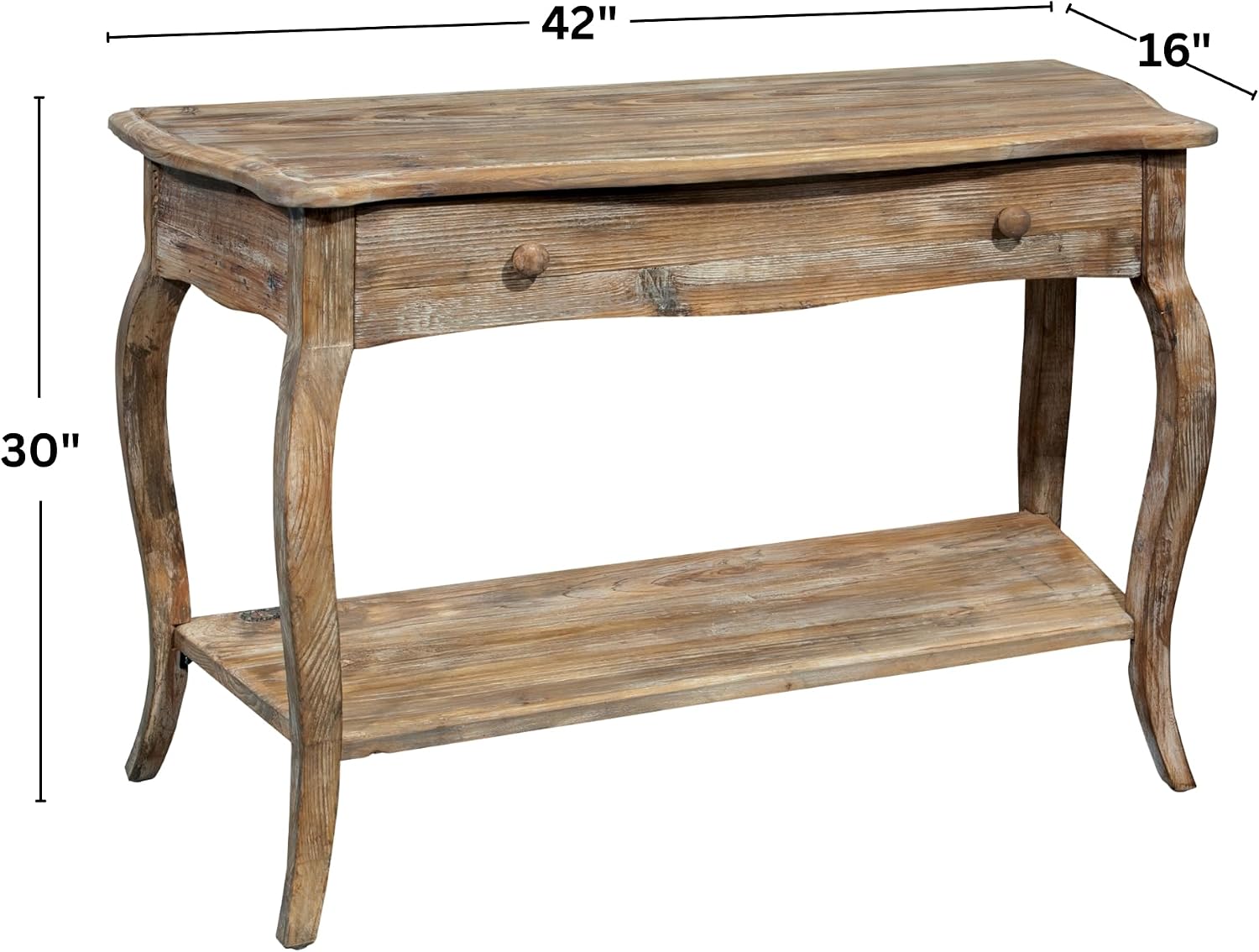 Austerity Rustic Console Table, 42 Inch with Curved Legs, Scalloped Edges, and Lower Shelf in Driftwood Finish - Natural and White Textured Antique Look Home Décor by Alaterre Furniture