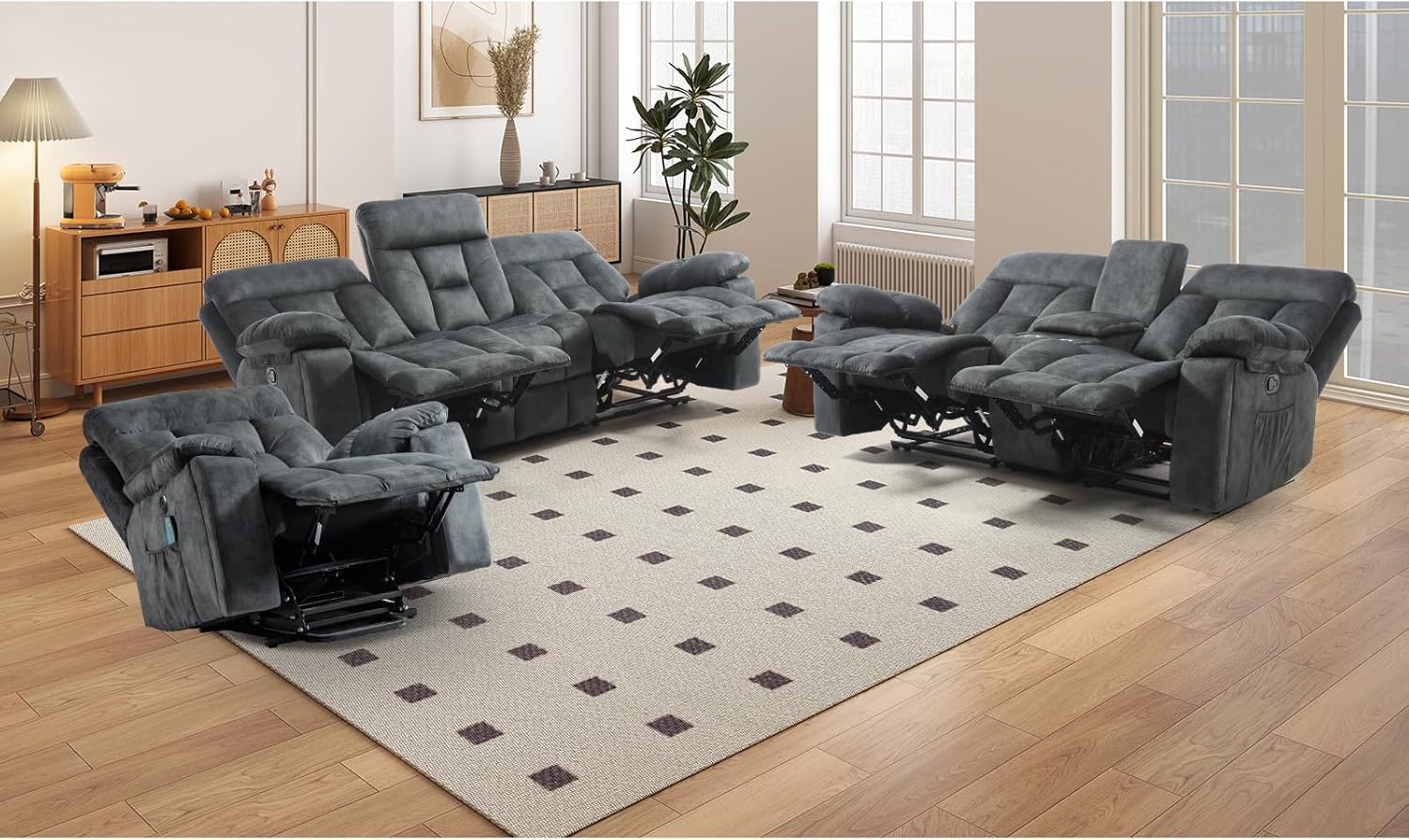 EBELLO Reclining Living Room Set, Soft Fabric Manual Recliner Sofa Furniture Set, Includes 2 Power Lift Recliner Chairs with Massage and Heat and 3 Seat Sofa, Dark Greenish-Grey