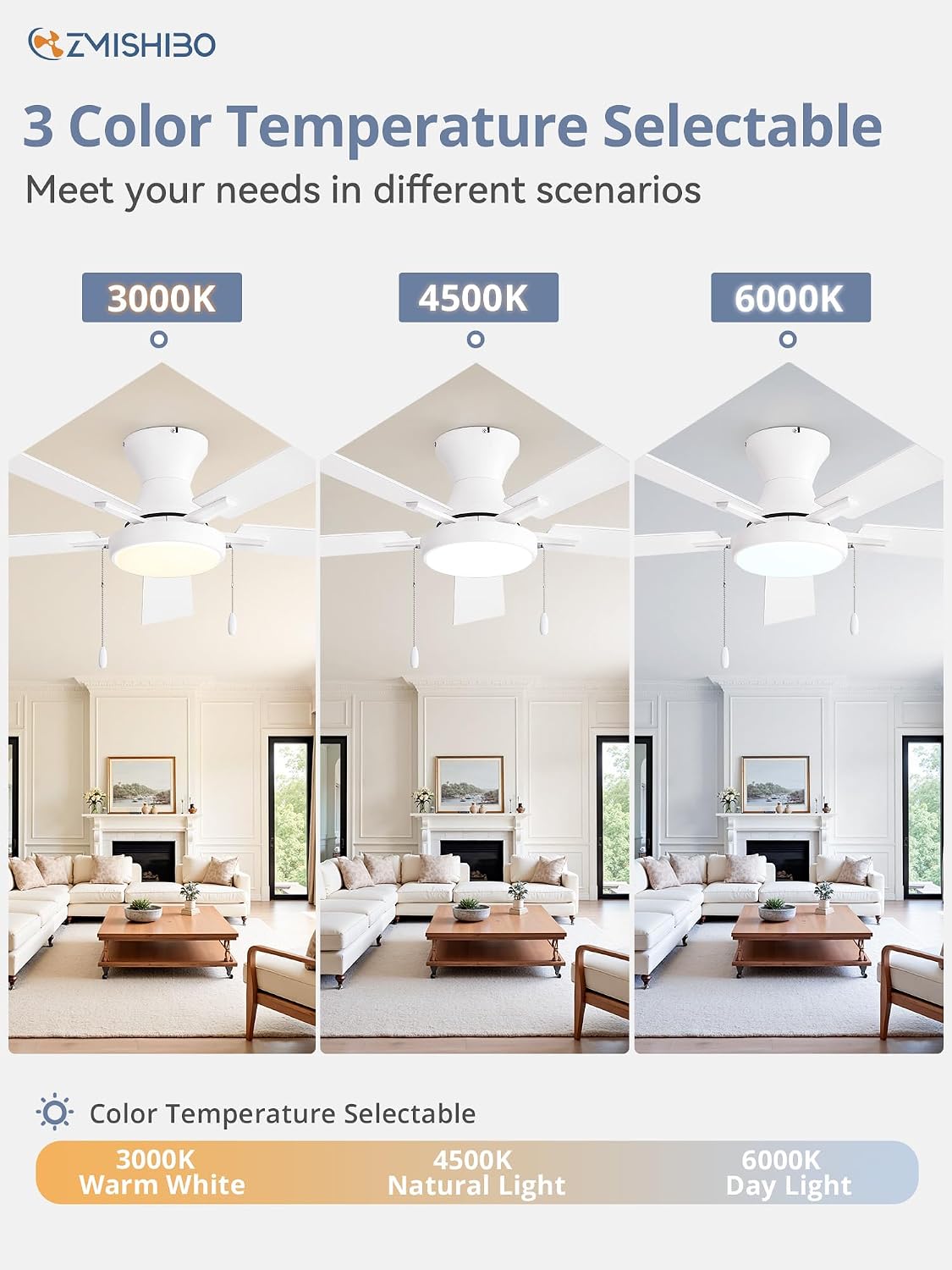 ZMISHIBO 52inch Ceiling Fans with Lights, Low Profile Ceiling Fan with Pull Chain and Remote Control, Flush Mount, Reversible, Dimmable, Noiseless, White Pull Cord Ceiling Fan for Bedroom